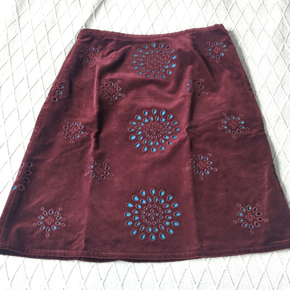 Boden Burgundy Wine A-line Knee-Length Cut Out Teal Skirt Velvet Size 10R